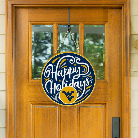 West Virginia Mountaineers 18" Happy Holidays Wooden Round Door Sign