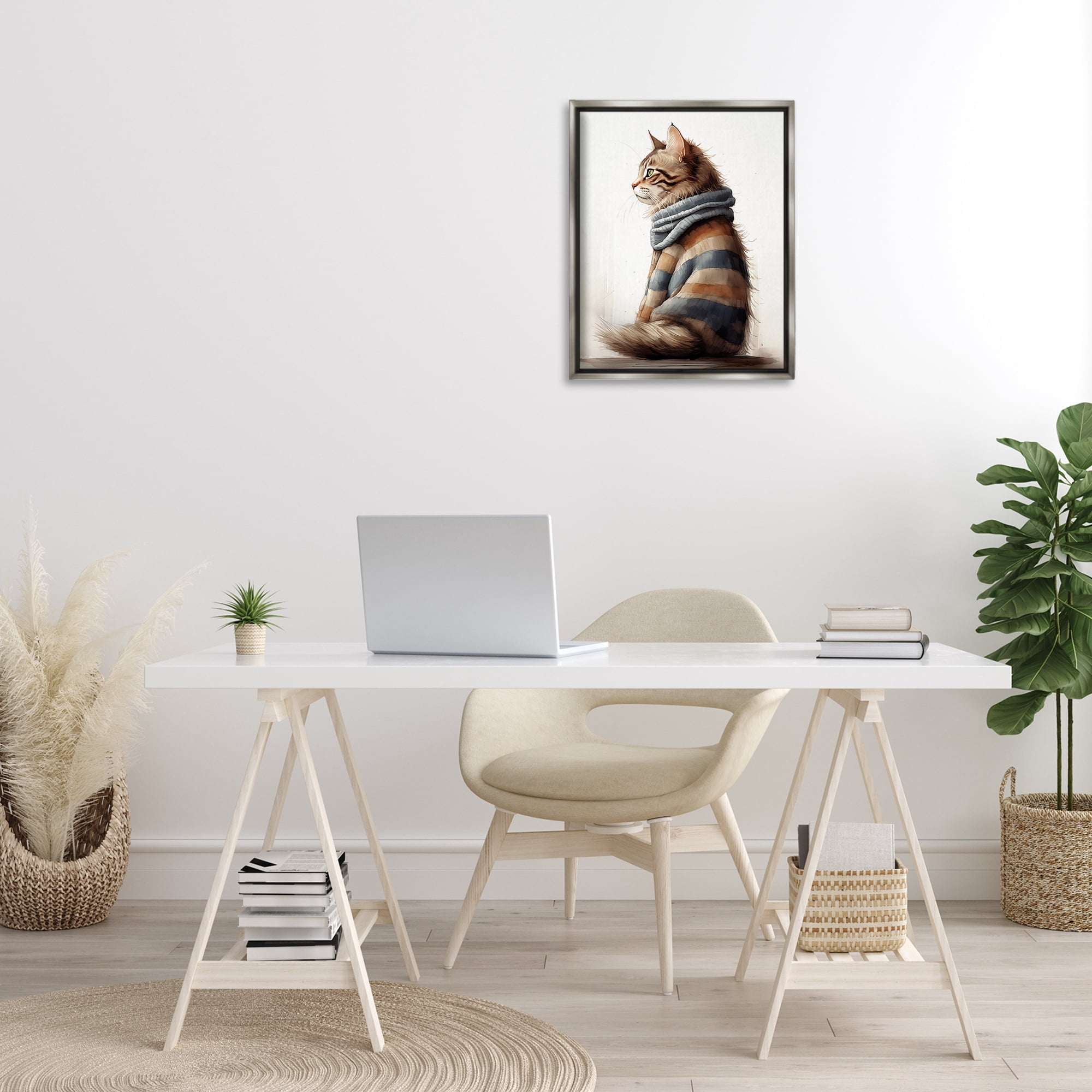 Stupell Industries Cat in Striped Sweater Animals & Insects Painting Gray Floater Framed Canvas Art Print Wall Art, 17 x 21