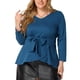 thumbnail image 1 of Blusas de talgrande pamujer, manlarga, cuello en V, tejido suelto, con cinturón, nudo, corbata, blusuperior de trabajo Azul 4XL, 1 of 4