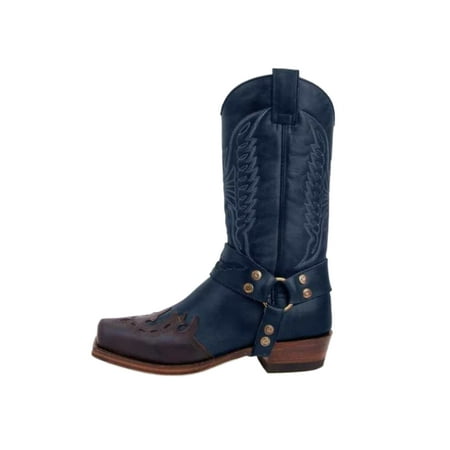 

UKAP Women Fashion Mid Calf Boot Walking Vintage Embroidered Shoes Riding Round Toe Retro Boots Navy Blue 4.5