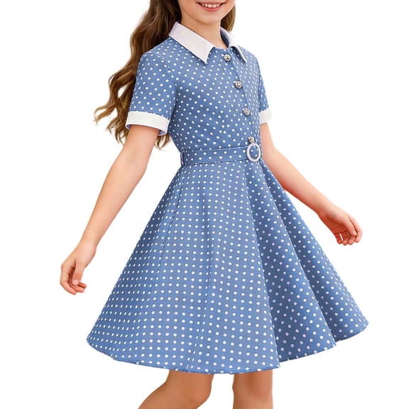 RUTAYY Children Girls Dress Turndown Collar Polka Dot Open Front Slim Fit Casual Party Wear Comfortable Elegant Holiday Dresses