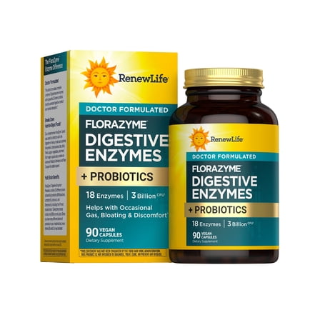 Florazyme Digestive Enzymes with Probiotics | Helps Occasional Gas, Bloating & Discomfort | 90 Vegan Capsules | by Renew Life