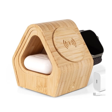 Bamboo Wireless Charging Station for Apple: 3-in-1 Charger Stand with Cabin Style for iPhone 17 16 15 14 13 Series, Apple Watch 10-2, Ultra, and AirPods 4-2, Pro, MagSafe Wireless Charger 20W Adapter