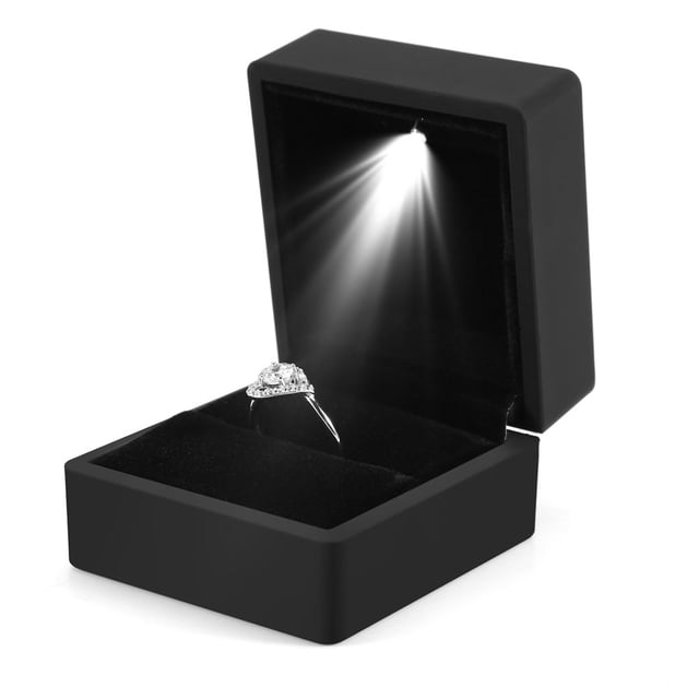 Caja de anillos con luz LED, moderna caja de almacenamiento de anillos iluminados, vitrina de joyas, propuesta, compromiso, boda, regalo (negra)