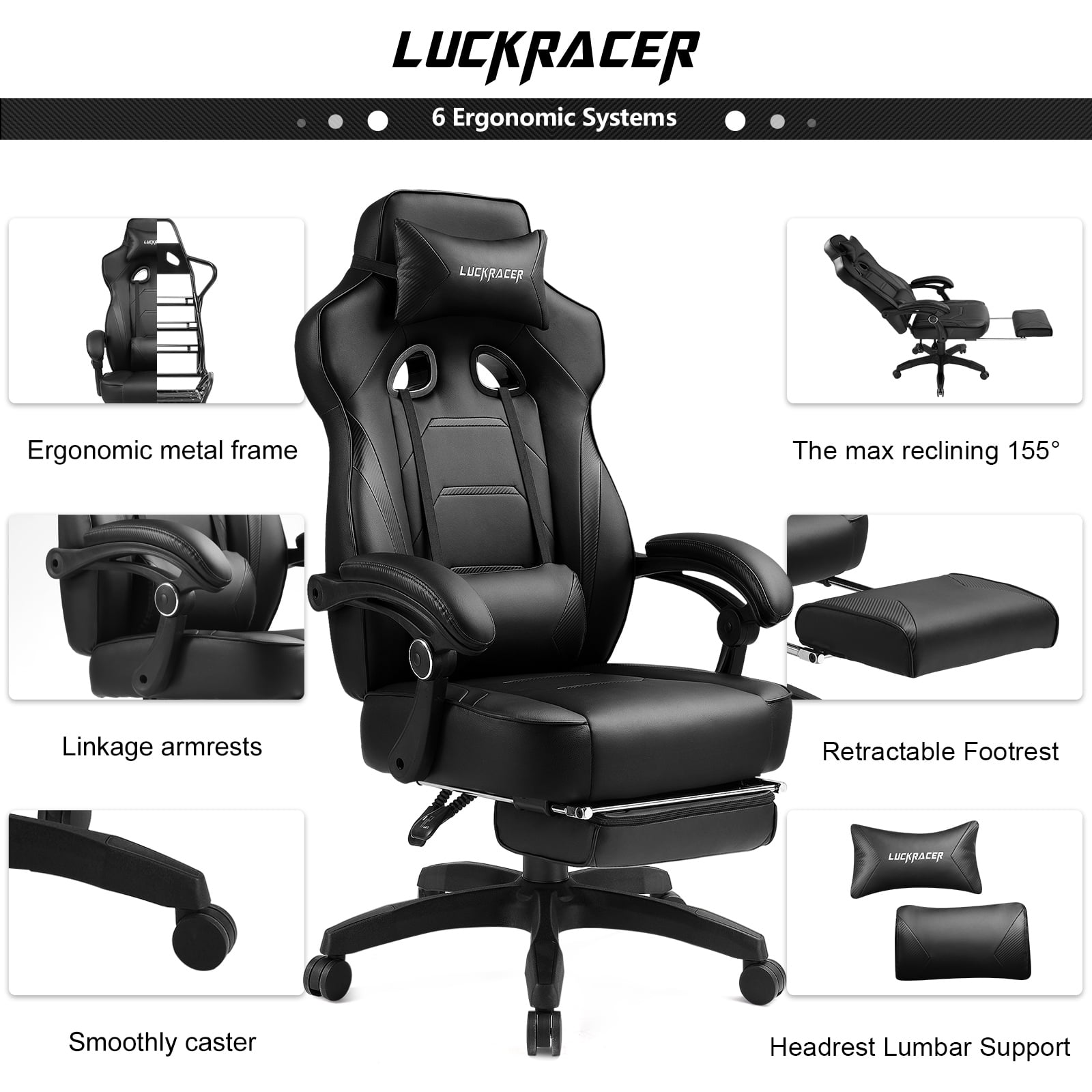 GTPLAYER Gaming Chair with Footrest, Ergonomic High‑Back Racing‑Style Computer Chair with Adjustable Lumbar Support & PU Leather, 350 lb Capacity