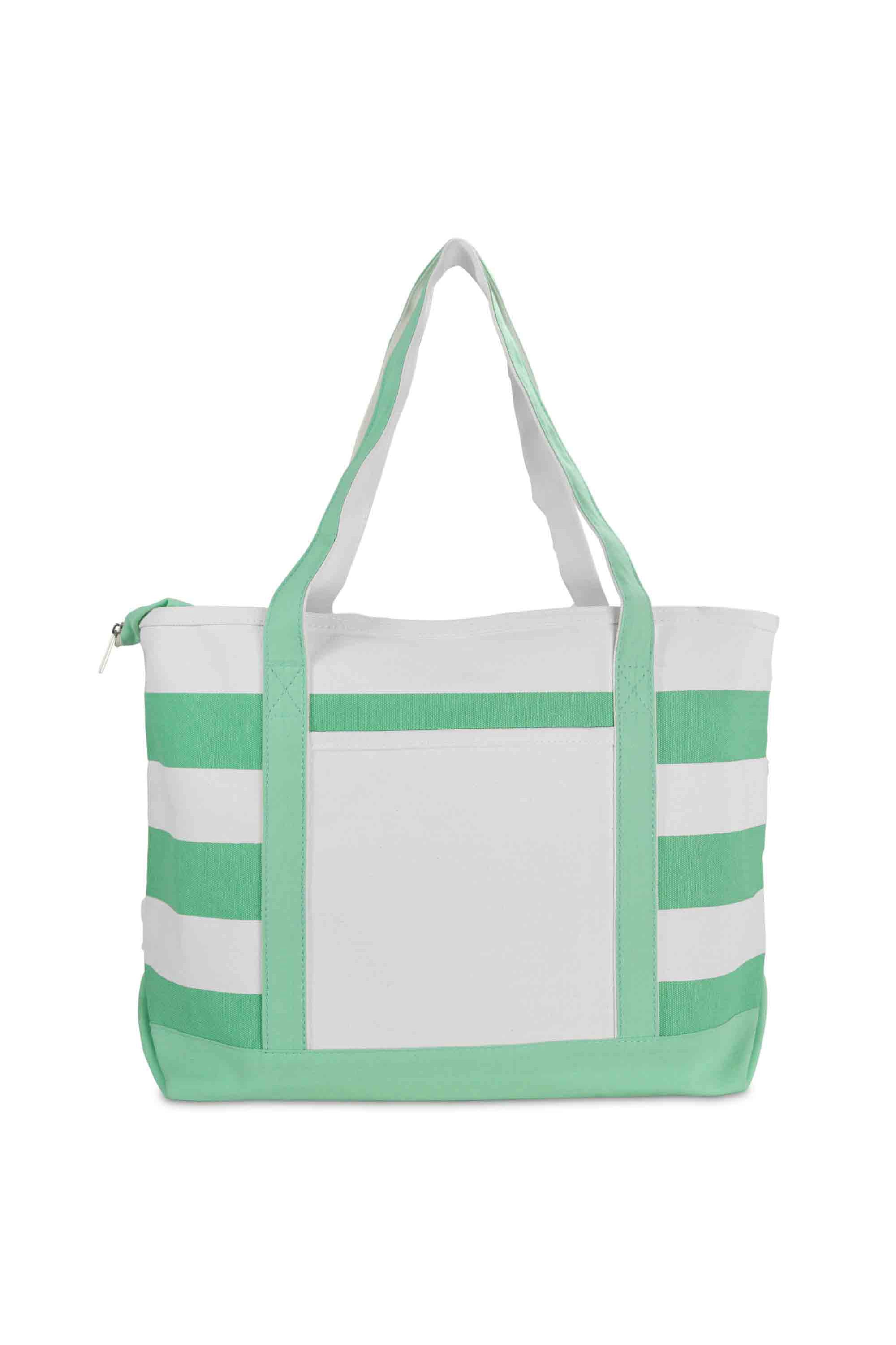 DALIX Striped Boat Tote Bag - Premium 18oz Cotton Canvas, 23"L X 15"W, Zippered Top, Mint Green/White - View #12