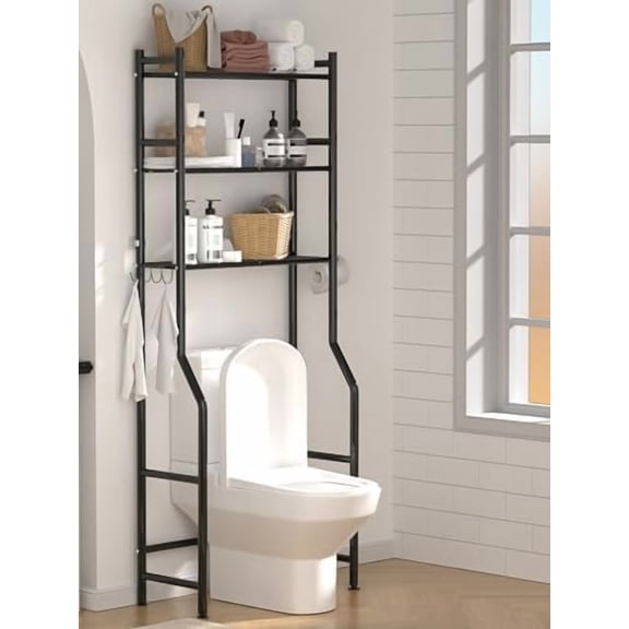 3-Tier Over The Toilet Storage, Space Saver Metal Bathroom Shelves, Freestanding Above Over Toilet Storage Shelf with 4 Hooks for Bathroom, Black
