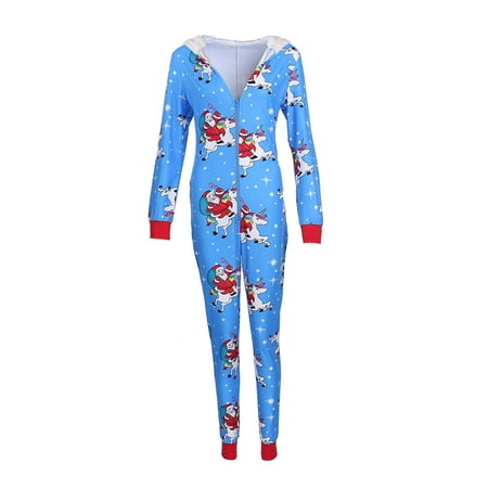 

Women Christmas Long Sleeve Jumpsuit Cartoon Print V-neck Zipper Romper Pajamas Xmas Hooded Winter Home Sleep Wear