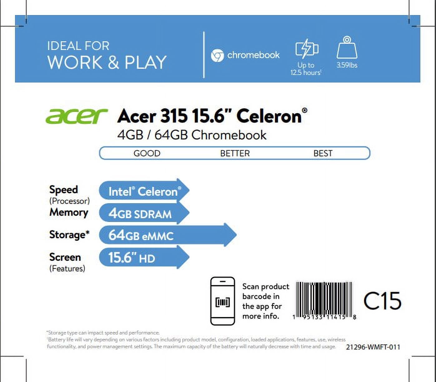 Acer Chromebook 315 (2019), 15.6" HD, Intel Celeron N4020, 4GB RAM, 64GB eMMC, Silver, CB315-3H-C19A - image 2 of 5