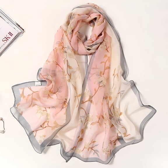 TELOLY Silk Scarf, Scarves for Women Lightweight 160*50cm Women Flower Print Long Soft Wrap Scarf Simulation Silk Shawl Scarves Neck Scarf, Womens Scarves Pink