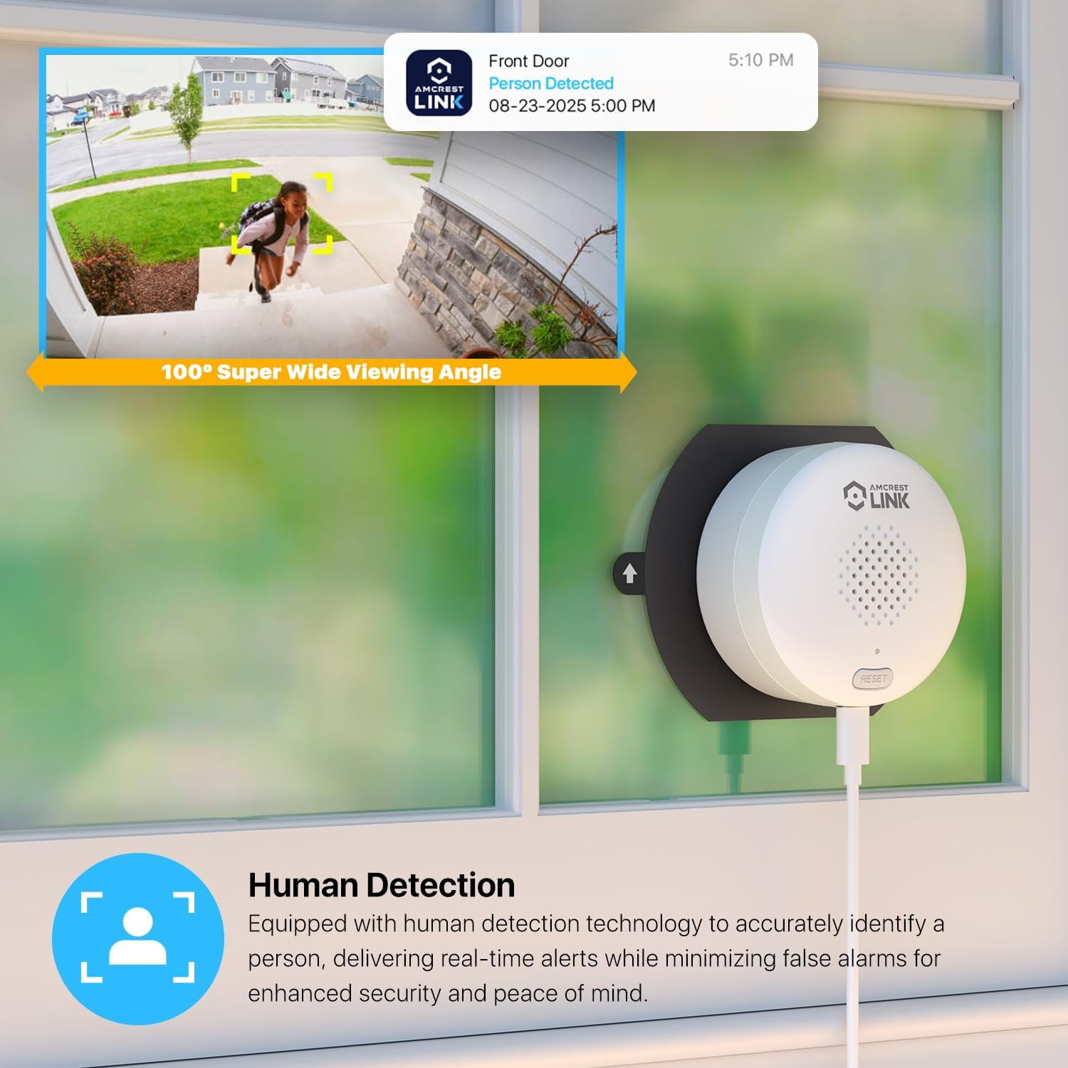 Amcrest Link 3MP 2K Window Camera, 2.4GHz&5GHz WiFi Indoor Camera, AI Human & Motion Detection, Wide Angle 100° FOV, Night Vision, 2-Way Audio, Wired Power, Supports MicroSD upto 128GB, AL-W301W