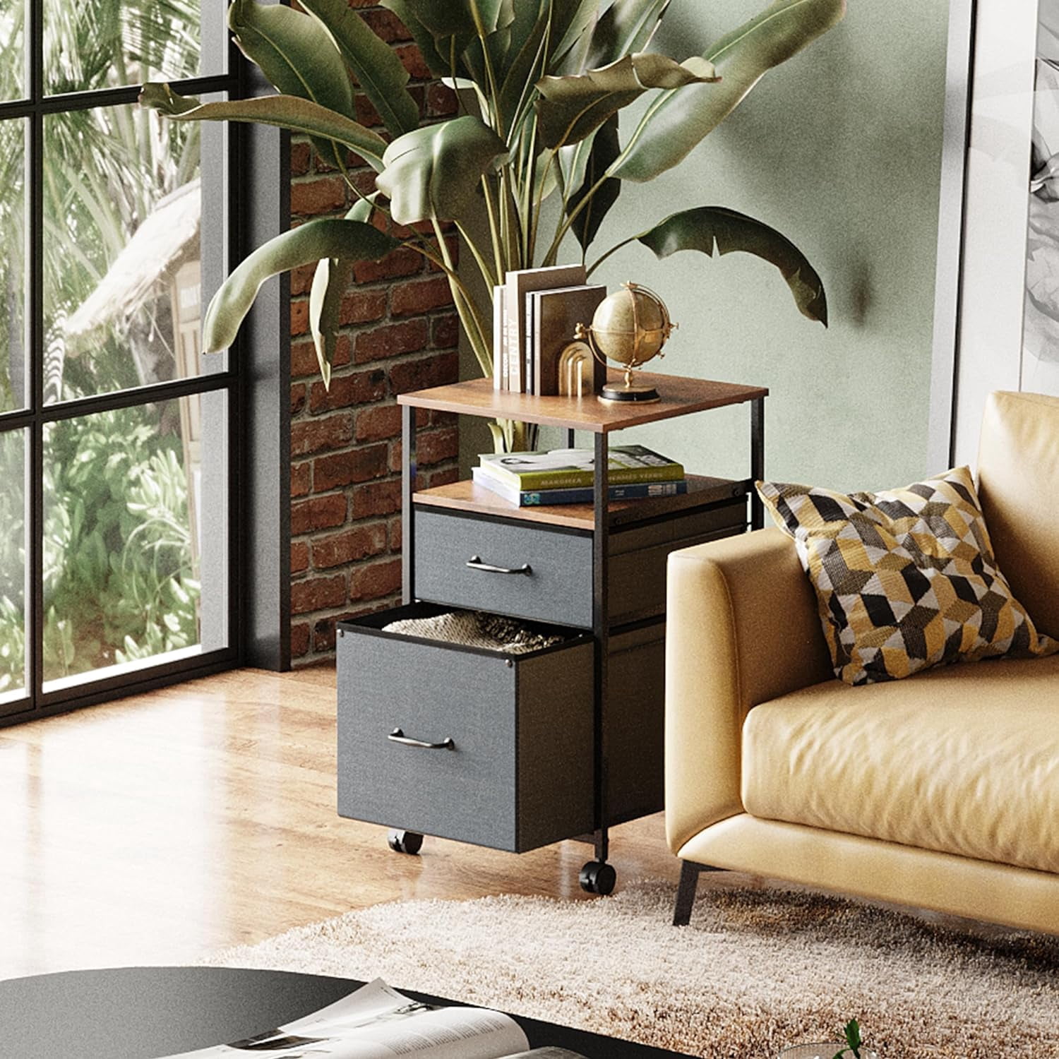 2 Drawer Mobile File Cabinet, Rolling Printer Stand with Open Storage Shelf, Fabric Vertical Filing Cabinet fits A4 or Letter Size for Home Office