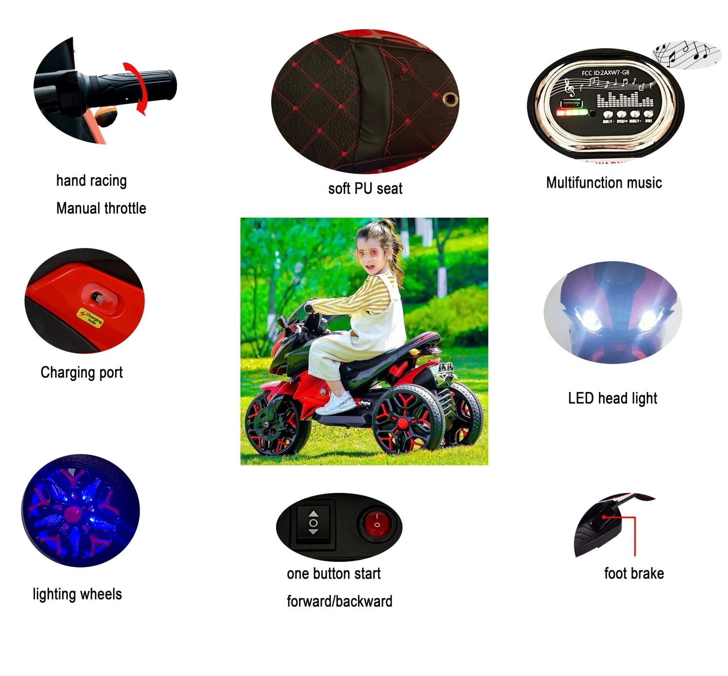 HNH Kids Motorcycle for 3-6 Year old, 3-Wheels Ride On Motorcycle, 12V Battery Powered Motorbike with PU Seat, Training Wheels/Manual Throttle/Lighting Wheels/Wireless