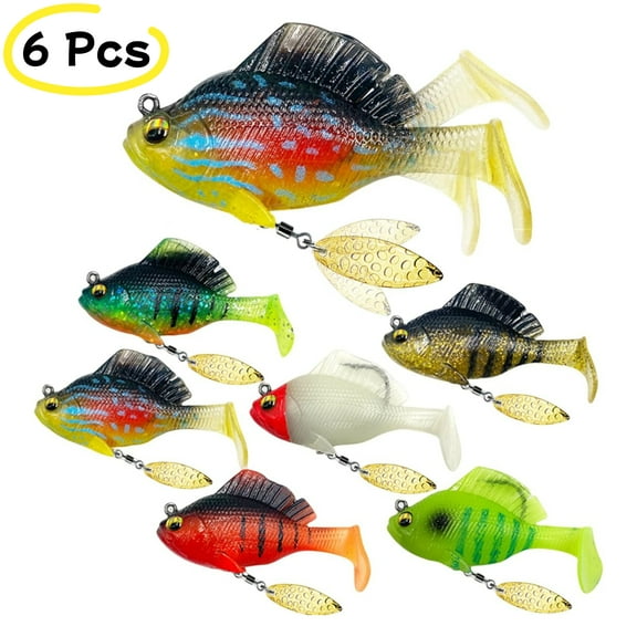 6 Pcs Fishing Lures, Bass Lures with Hidden Ultra-Sharp Hook, Soft Swimbaits with Paddle Tail/3D Eyes/Spinner Blades