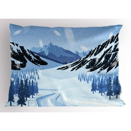 Northwoods Pillow Sham, Highlands Landscape with Mountains and Forest in a Blizzard Icy Roads, Decorative Standard Queen Size Printed Pillowcase, 30 X 20 Inches, Baby Blue Black Blue, by