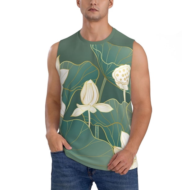 Fotbe Lotus Golden Line Men's Camiseta sin Mangas Estampada para Hombres, Playera Casual para Gimnasio, Entrenamiento, Playa-XX-Large