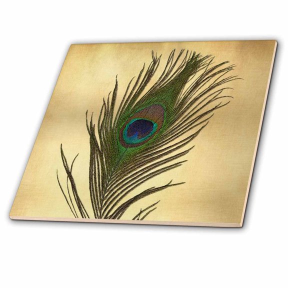 3dRose, Elegant Peacock Feather on Gold, 12 Inch Ceramic Tile