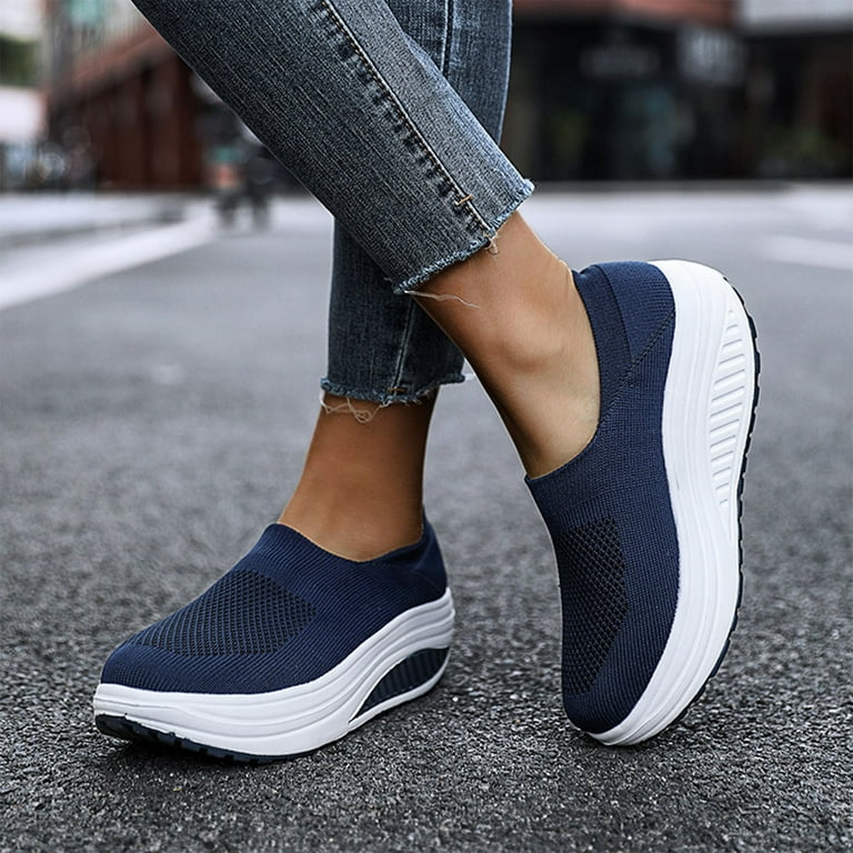 nsendm Womens Memory Foam Sneakers Wide Width Platform Women's Shoes  Fashionand Comfortable Womens Sneaker Socks Dark Blue 7.5