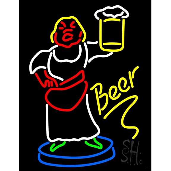 Lady With Beer Mug LED Neon Sign 24 x 31 - inches, Clear Edge Cut Acrylic Backing, with Dimmer - Bright and Premium built indoor LED Neon Sign for Bar decor.