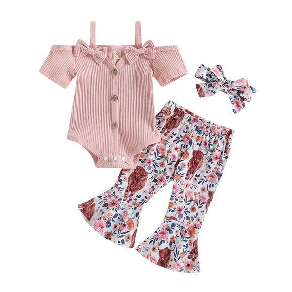 Musuos Baby Girls Summer Jumpsuits Set 6 12 18 24M 3T Button Short Sleeves Romper and Cow Head Flower Print Elastic Flare Pants Headband