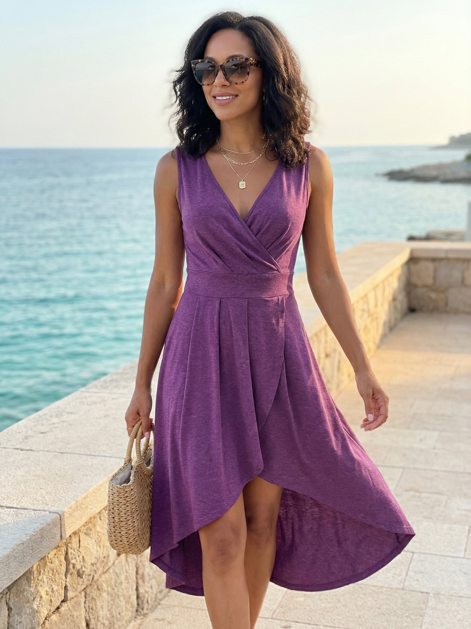 DARING DIVA Women's V Neck Sleeveless Midi Wrap Dresses L Purple