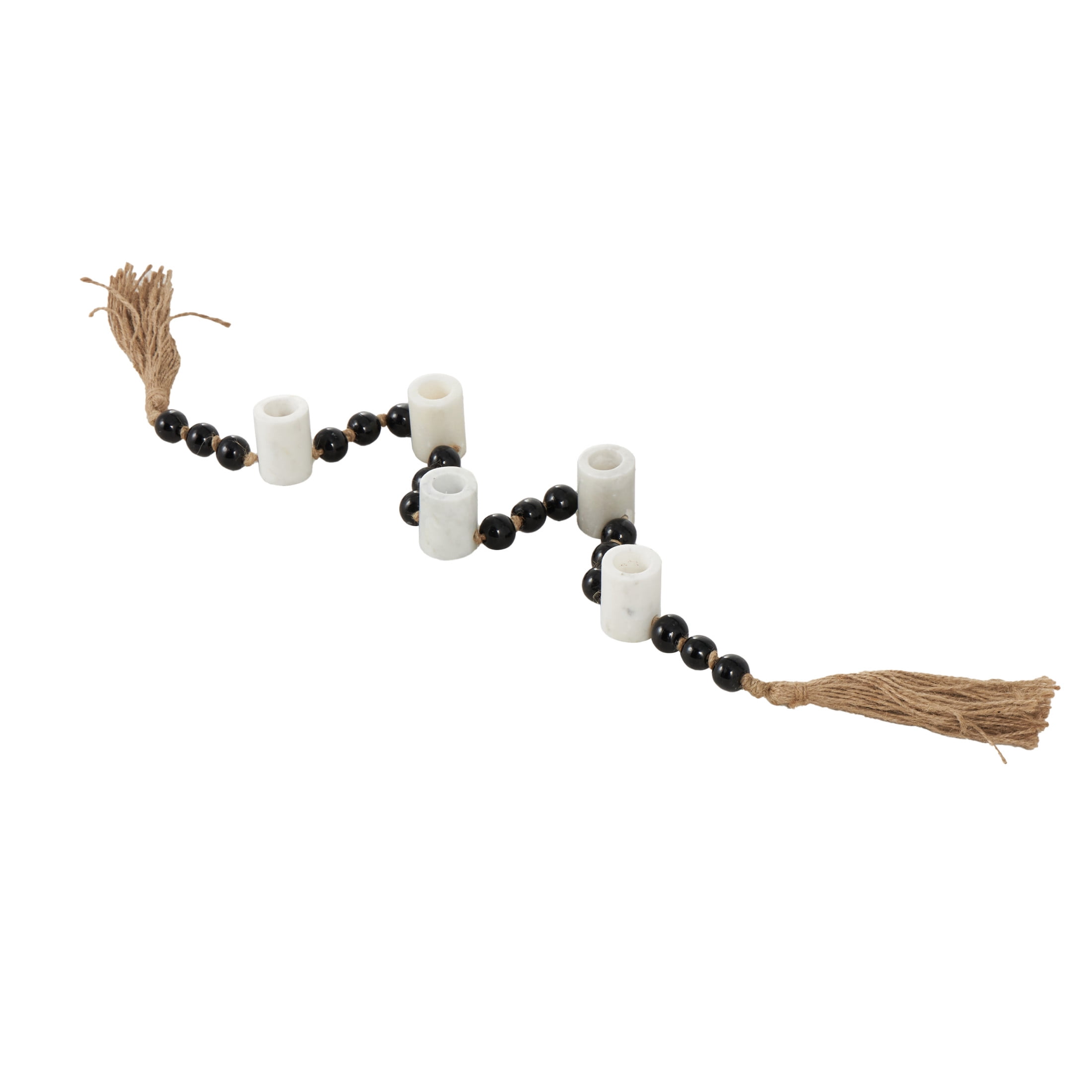 DecMode 5 Candle White Marble Round Garland Candle Holder with Brown Tassel and Black Beads