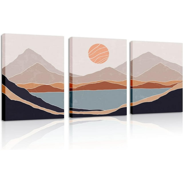 Framed Canvas Mountain Wall Art, Minimalist Boho Wall Art Set of 3, 12"x16" Large Size Prints Wall Decor for Bedroom, Living Room, Dining Room,Mid-Century Modern Wall Decor