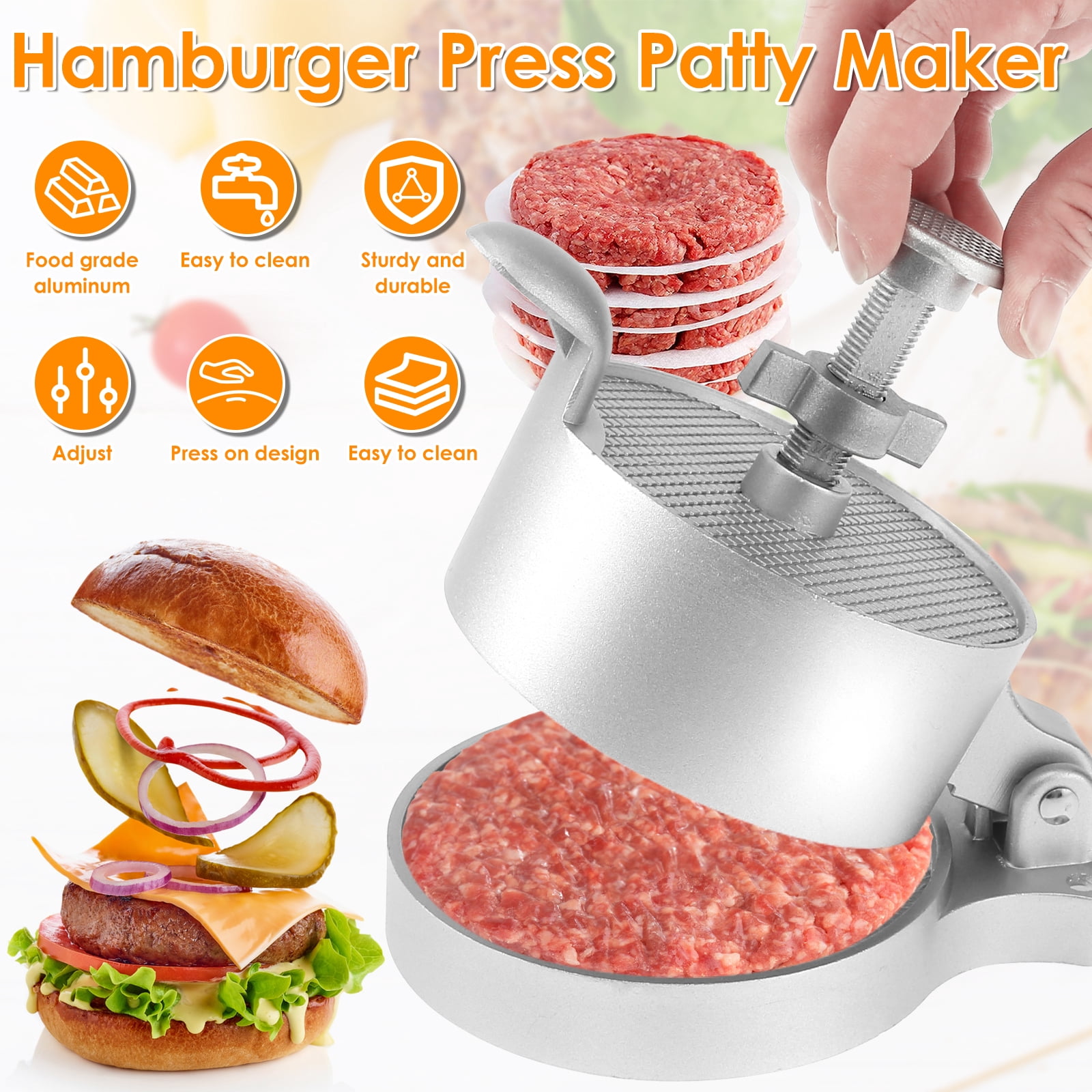 Evjurcn Burger Press with 100 Patty Paper Adjustable Thickness Hamburger Press Patty Maker Non-Stick Hamburger Patty Maker Mold Aluminum Alloy Burger Press Patty Maker for Grilling and Cooking