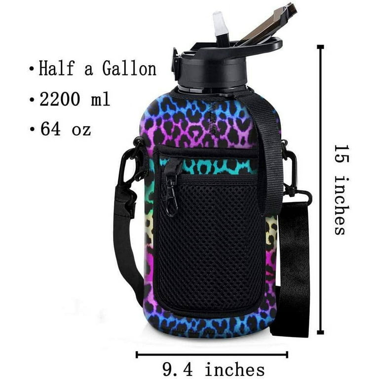 Half Gallon Leopard Print Print Water Bottle Hydrojug,Leopard Hydro Jug  Water Bottle With Sleeve and Straw and Carry Strap,Gym Water Bottle Gym  Accessories for Women and Men 2.2 L (74 Ounce) 