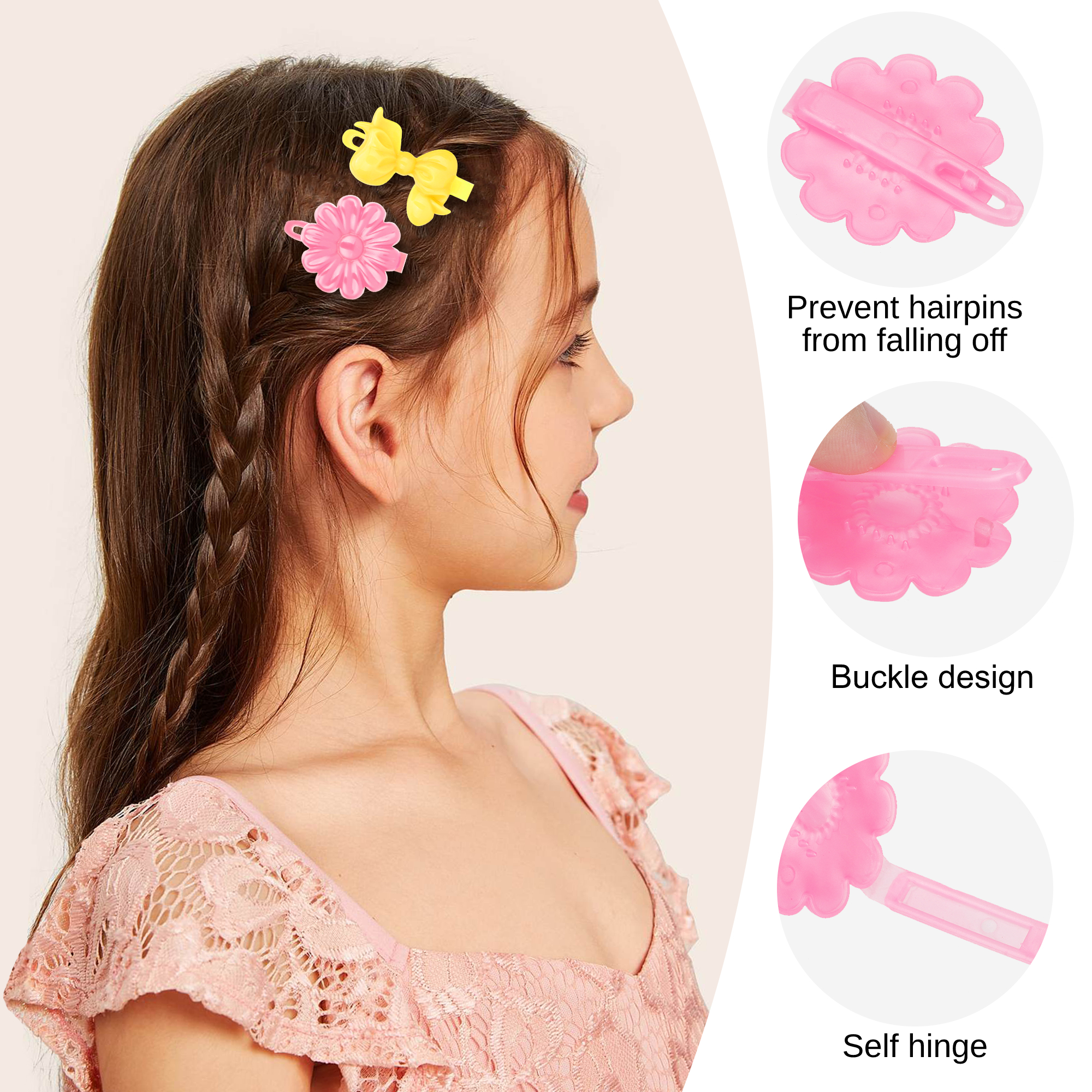 60pcs Self Hinge Hair Barrettes for Girls, Plastic Flower Bow Hair Pins, Elastic Ball Hair Ties, Random Colors