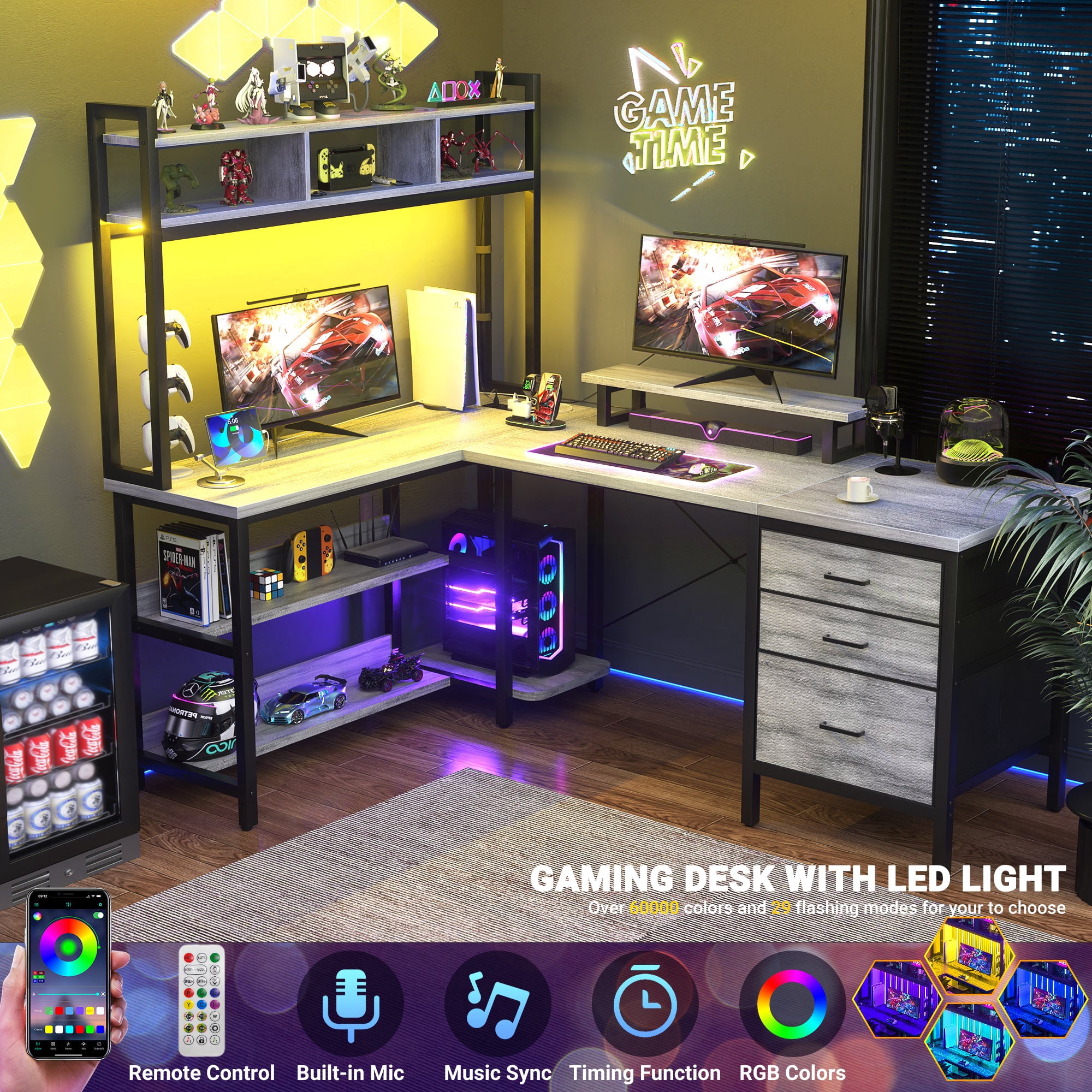 Homieasy L Shaped Desk with Hutch, Gaming Desk with Led Lights, Reversible Computer Desk with Power Outlet, Corner Desk with File Drawer & Monitor Stand, Storage Shelves for Home Office, White Oak