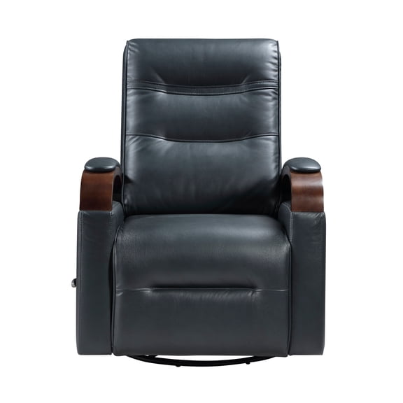 JUYG Swivel Gliding Recliner, Navy Faux Leather, Rubberwood Arms