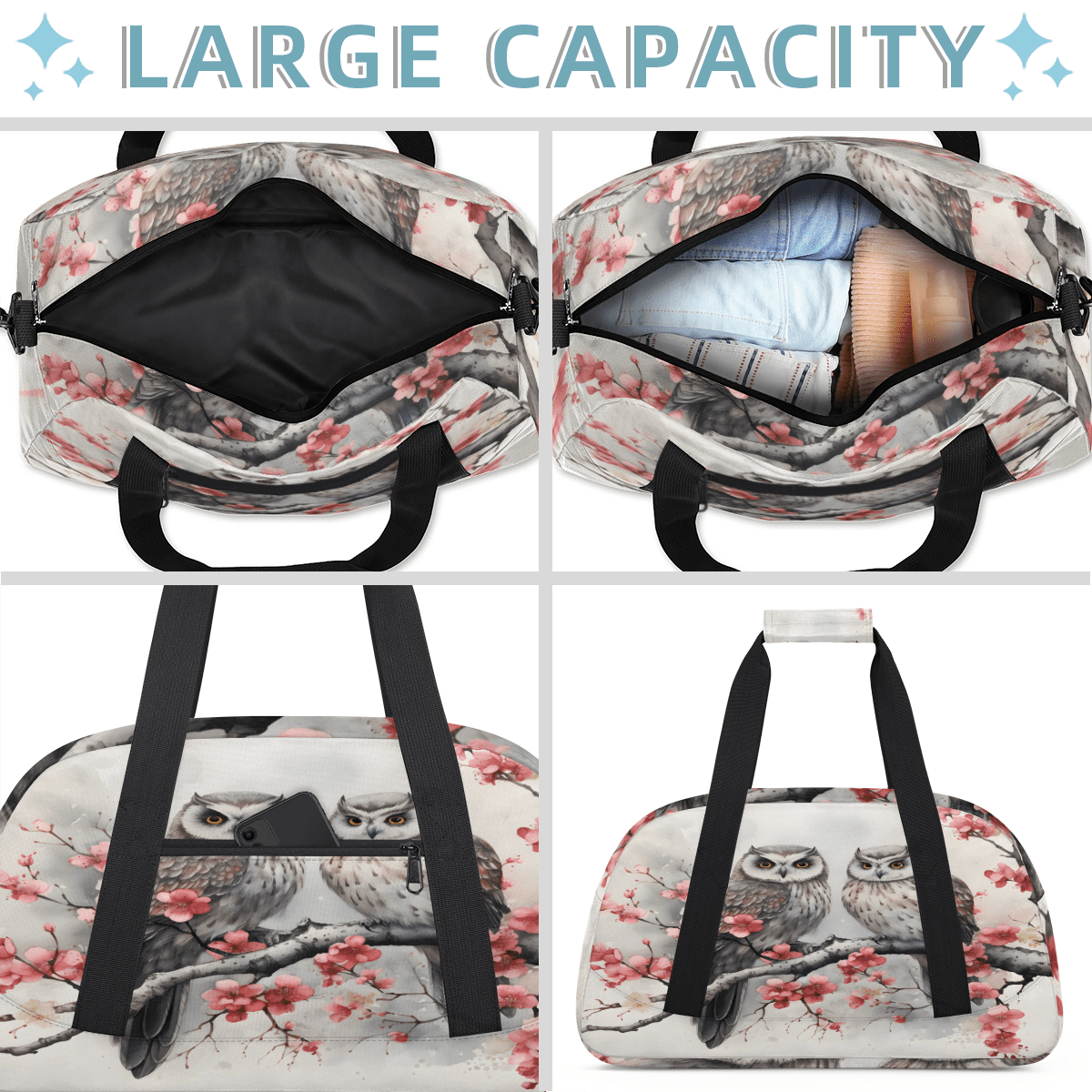 Herdesigns Vintage Birds Sports Duffle Bag for Women & Men, Owl Gym Bag Dance Bag Overnight Bag Carry On Weekender Travel Bag