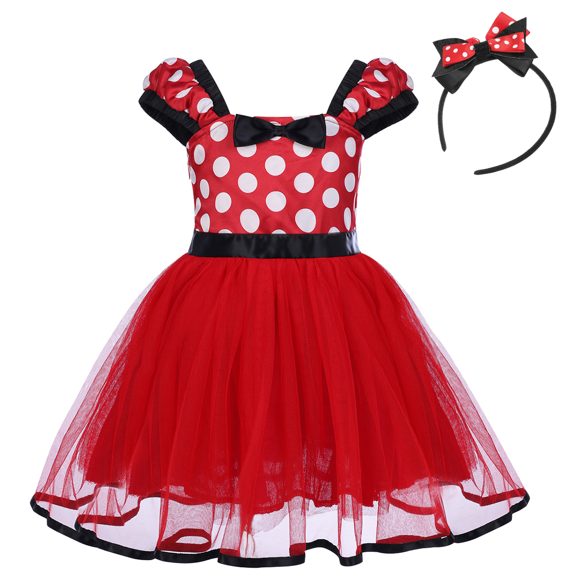 IBTOM CASTLE Toddler Girls Polka Dots Princess Party Cosplay Pageant Fancy Dress up Birthday Tutu Dress + Ears Headband Outfit Set 3-4 Years Red - image 2 of 8