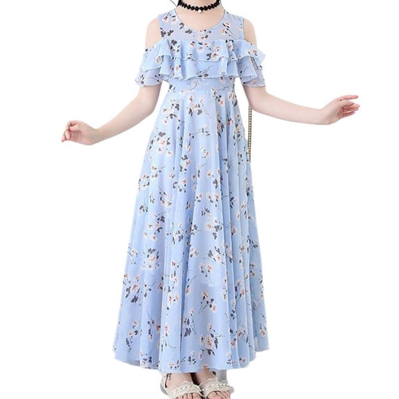 Ulitacool Dresses For Girls O Neck Girl Summer Floral Long Dress Kids Chiffon Dress Long Sleeve Sundress Sweet Clothes Blue 3-4 Years