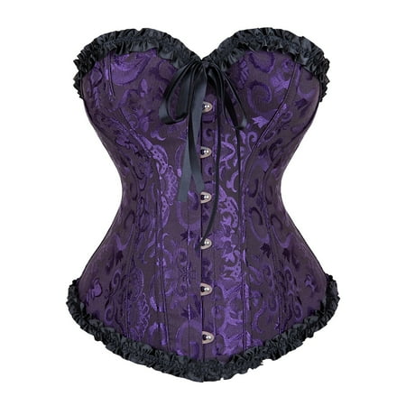 CHCNHAC Purple Corset Lingerie for Women Floral Trim Corset Lingerie Satin Boned Lace Strapless Shapewear Cute Plus Size Exotic Apparel 6XL