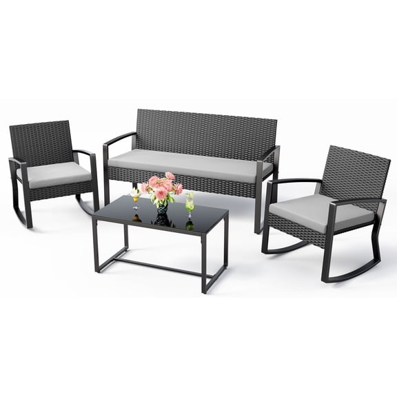 Patio Furniture Set for 4 ,Rattan Loveseat,Glass Bistro Coffee Table,Removable Cushion for Backyard,Gray