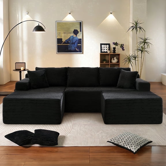 Muumblus Modular Sectional Sofa, Oversized U-Shape Cloud Couch, Modern Corduroy Sleeper Couches for Living Room, No Assembly Required, Black (Left Facing Chaise)