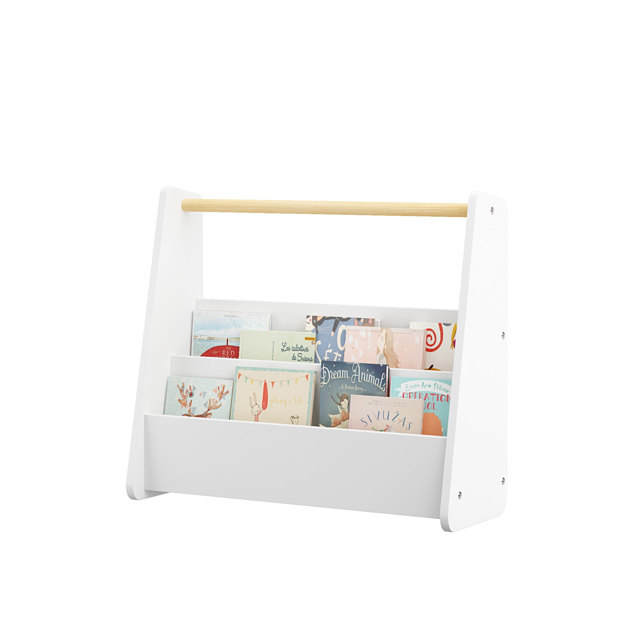 Noble House Prix 2-Tier Front-Facing Toddler Bookshelf with Portable Wooden Handle, Kids Book Storage Organizer, White