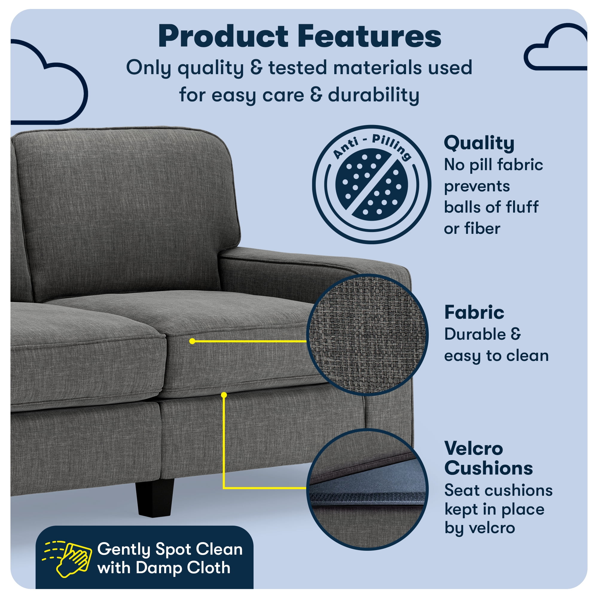 Serta Palisades 61" Track Arm Sofa, Easy Care Polyester, Loveseat or Couch for Small Spaces, Gray