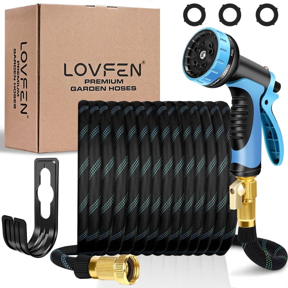 LOVFEN 100 ft Garden Hose,Non-Expanding Kink Free Flexible Water Hose w/ 10-Pattern Spray Nozzle, Lightweight Hose Pipe, Leak Proof, 3/4" Swivel Connectors, Super Fabric, Portable Storage Strap