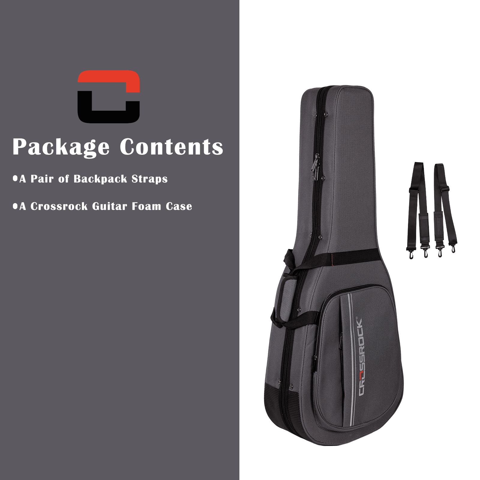 Crossrock Classical Guitar Foam Case | Lightweight Gray Gig Bag with Modern Fabric, Plush Interior & Storage Compartments (CRP300CDG)