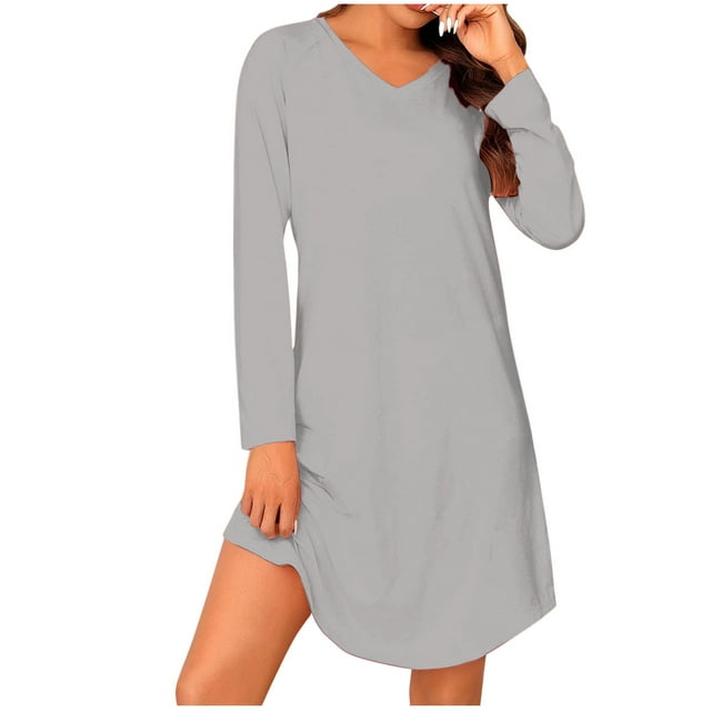 Kyusrd Robe Tunique d'Automne pour Femmes Robe Mini Robe pour Femmes à la Mode Couleur Unie Col en V Manches Longues Coupe Ample Chemise de Nuit avec Poches