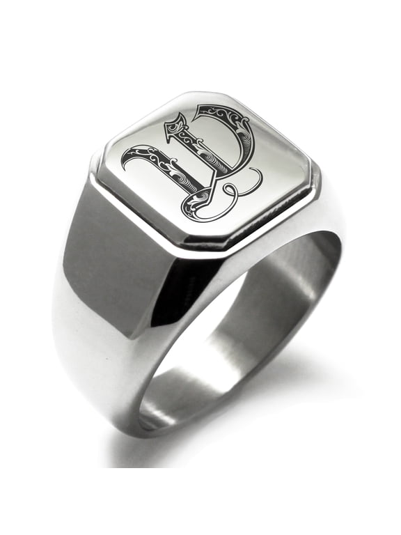Stainless Steel Letter W Initial Royal Monogram Engraved Engraved Square Flat Top Biker Style Polished Signet Ring