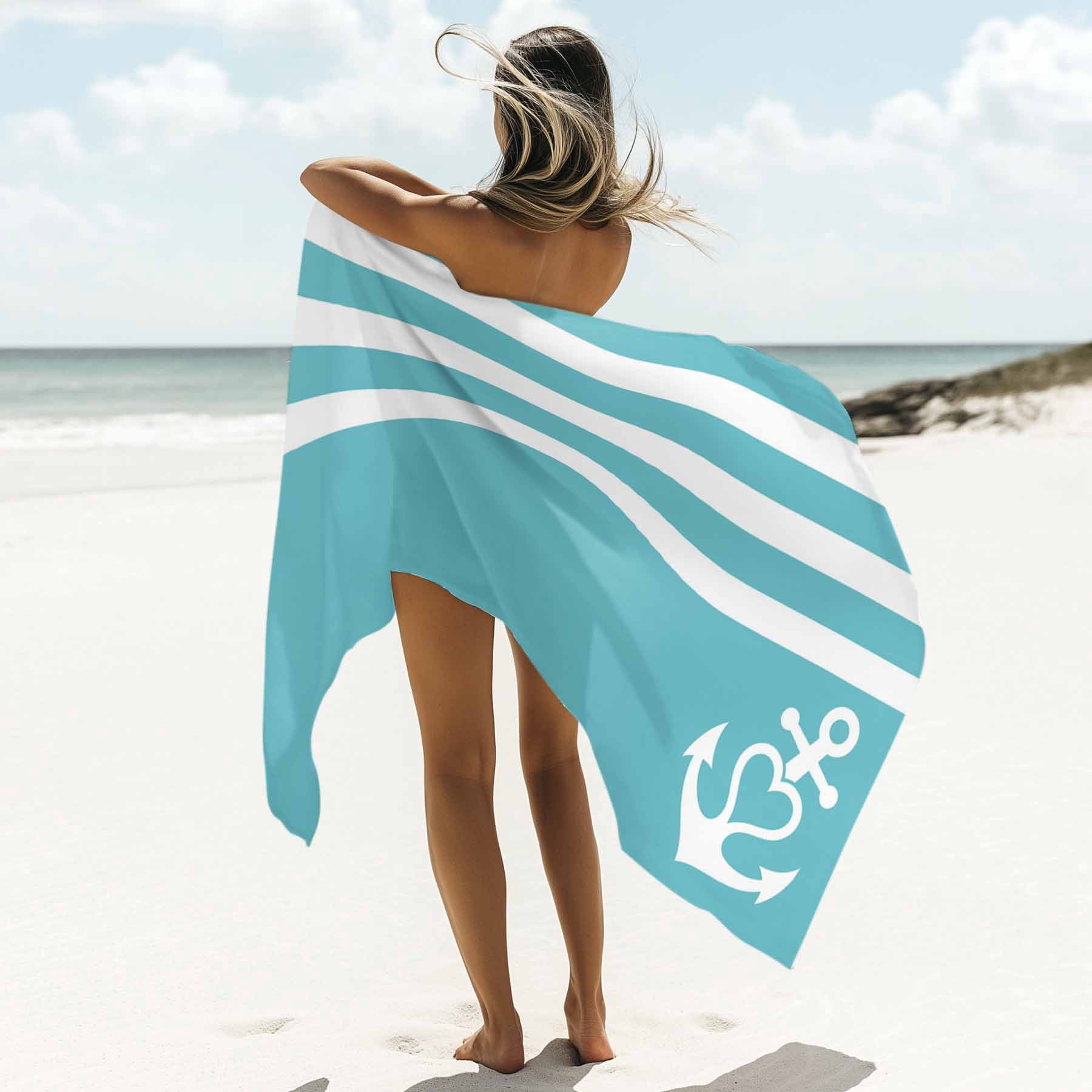 Beach Towel Nautical Anchor Bath Pool Towels Geometric Teal Blue Stripes Absorbent Beach Towel Soft Large Quick Dry Lightweight Camping Travel Sports Yoga Gym Swim Towels for Adult 35x70 Inch