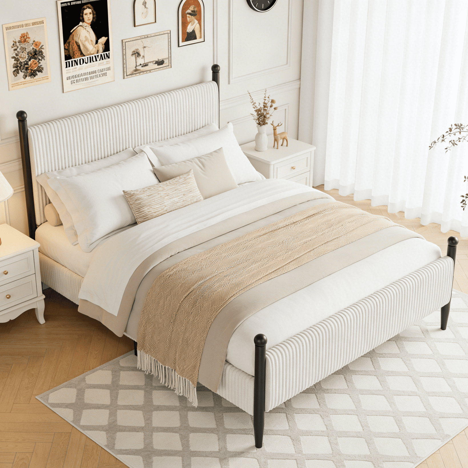 Full Size Upholstered Bed Frame with Velvet Headboard, Soft Corduroy Fabric Platform Bed with Wooden Slats Support, No Box Spring Needed, White