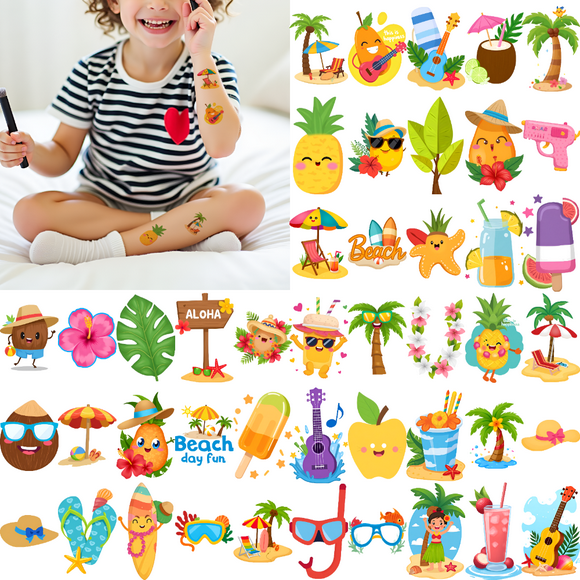 54 Temporary Tattoo Stickers, Waterproof Long-lasting Body Stickers Hawaiian Beach Coconut Tree Ice Cream Swim Ring Kids Boys Girls Tattoo Stickers Arm Arm Forearm Shoulder Face