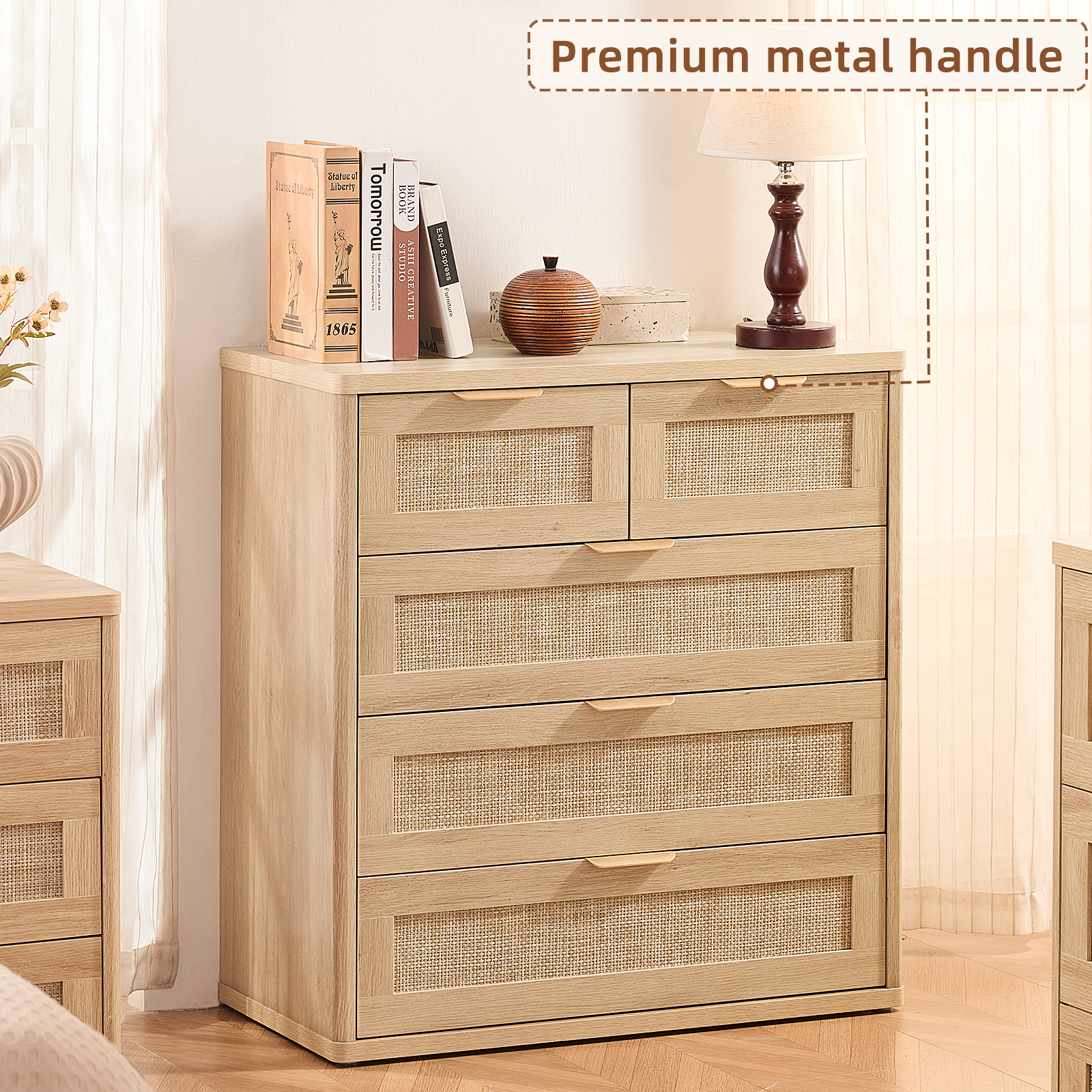 Upright Dresser for Bedroom Set of 2, Chest of Drawers, Modern 5 Drawers Boho Rattan Dressers with Storage, Dresser Natural Wood Closet Organizer for Living Room
