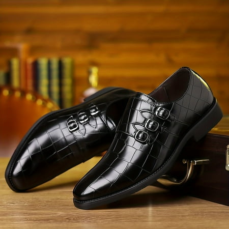 

TUOBKE Trendy Outdoor Plaid Print Slip On Buckle Smart Casual Dress Shoes