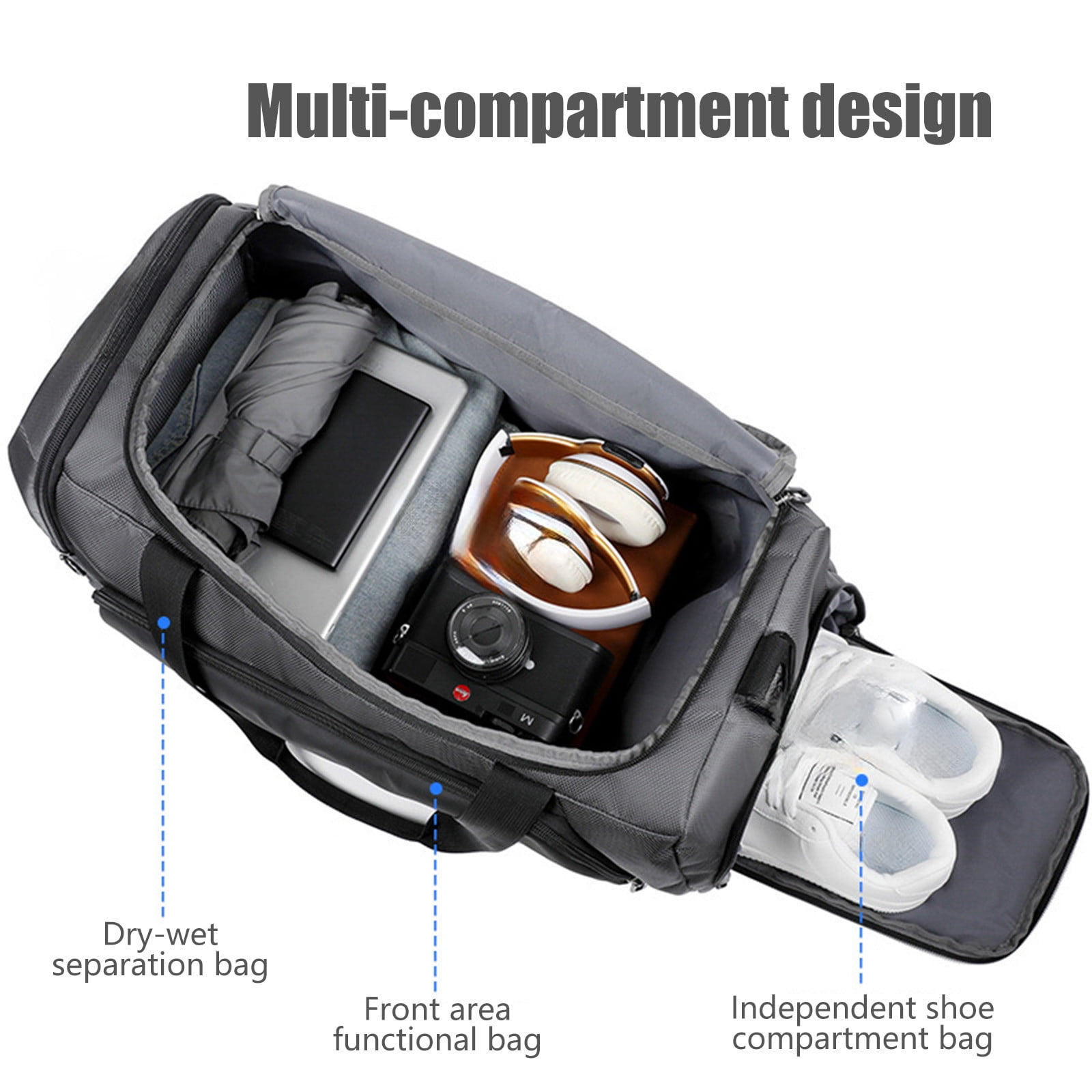 Djiypn Gym Bag for Men, 40L Sports Travel Duffel Bag with Shoe Compartment, Dry Wet Separation Workout Bag Carry On Weekender Bag Overnight Handbag for Travel, Fitness, Gray